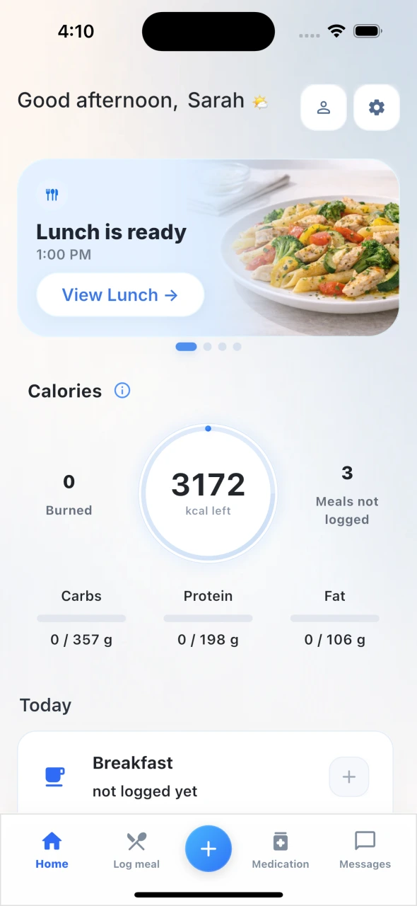 DiaCare app home-screen preview with meal tracking and shortcuts to medication and messages