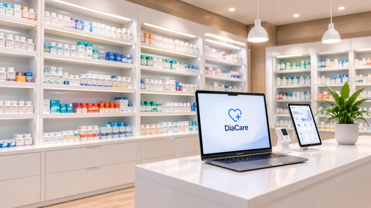 Illustration of a pharmacy workspace with DiaCare on a laptop and tablet